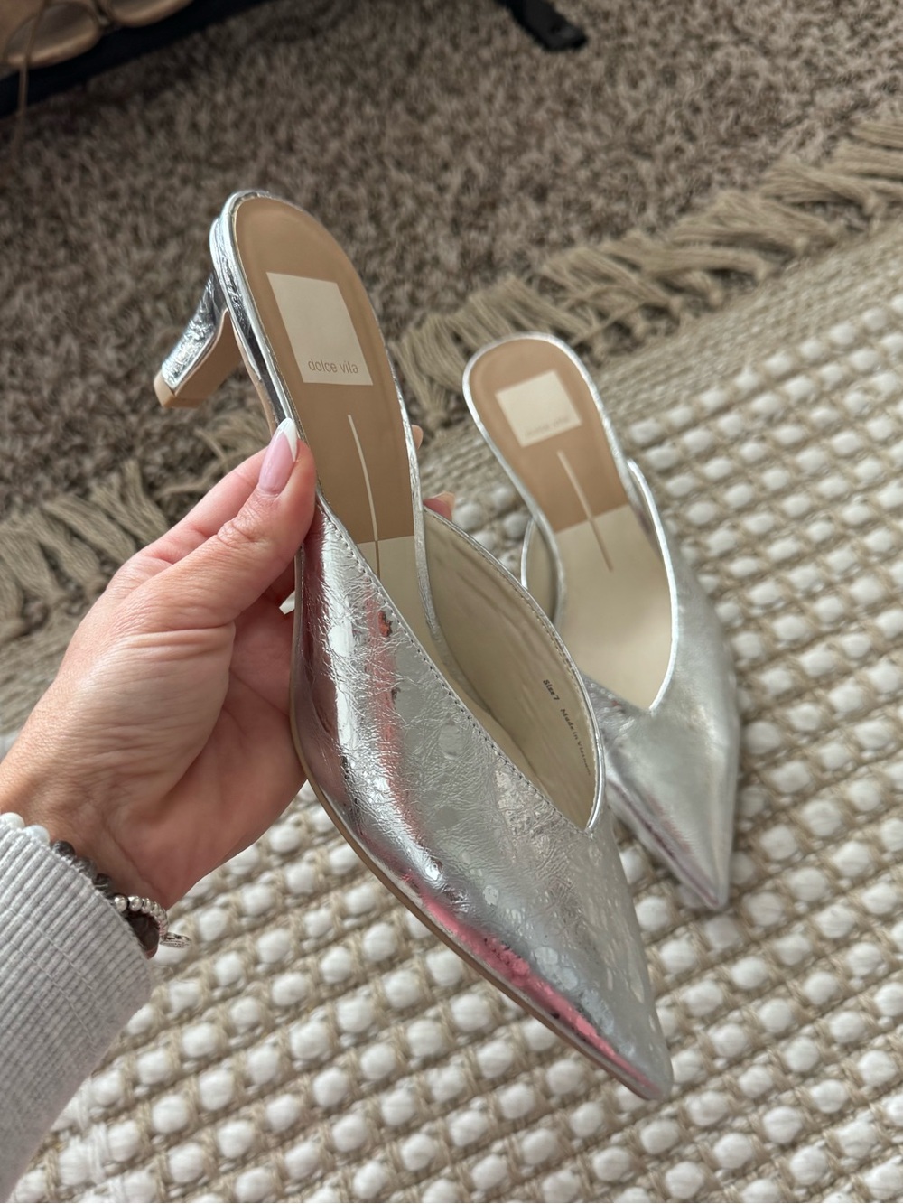 Dolce Vita Silver Pointed Toe Metallic Mule Heels